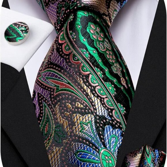 Silk Paisley Necktie and Pocket Square Cufflinks Set Green - Picture 3 of 6